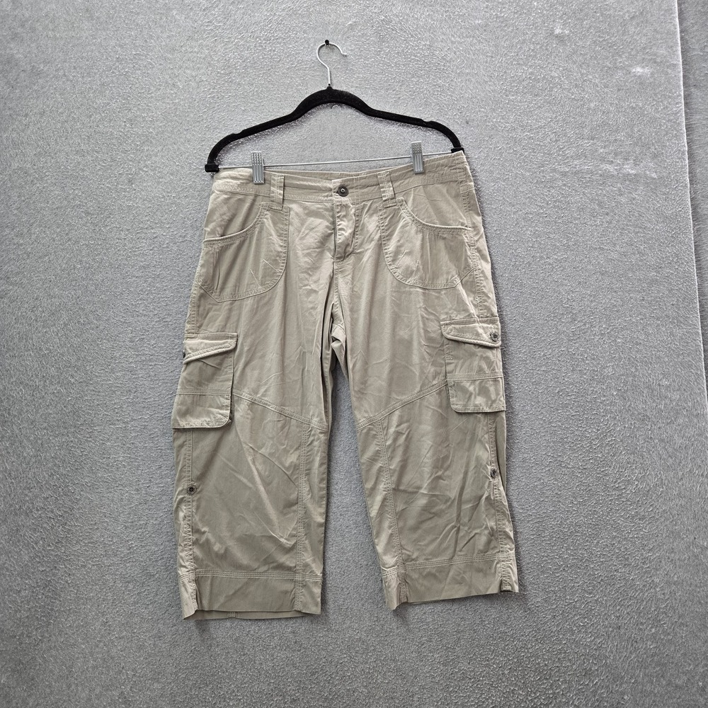 Kuhl Women Pants 16S Beige Cotton Nylon Cargo Button 10" Inseam Logo Capri
